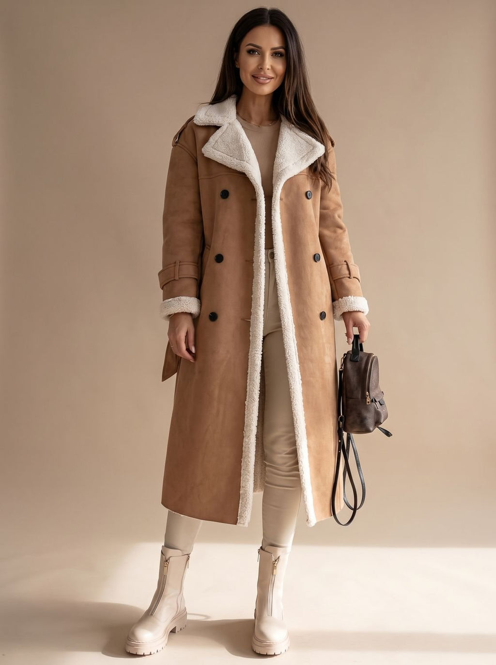 Women's Sherpa-Collar Faux Leather Belted Teddy Coat