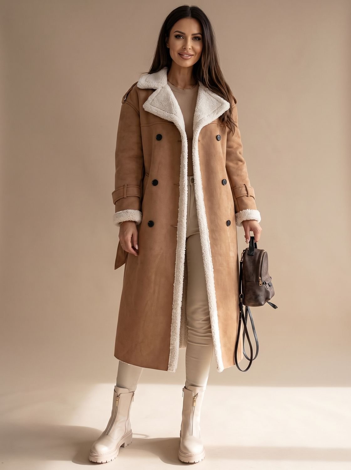 Women's Sherpa-Collar Faux Leather Belted Teddy Coat