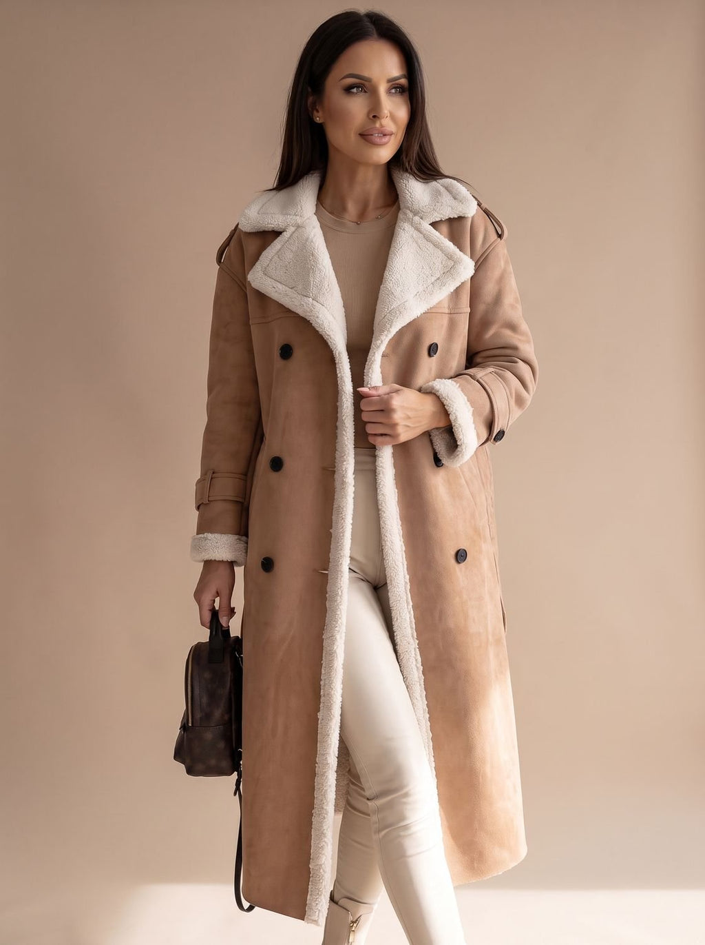 Women's Sherpa-Collar Faux Leather Belted Teddy Coat
