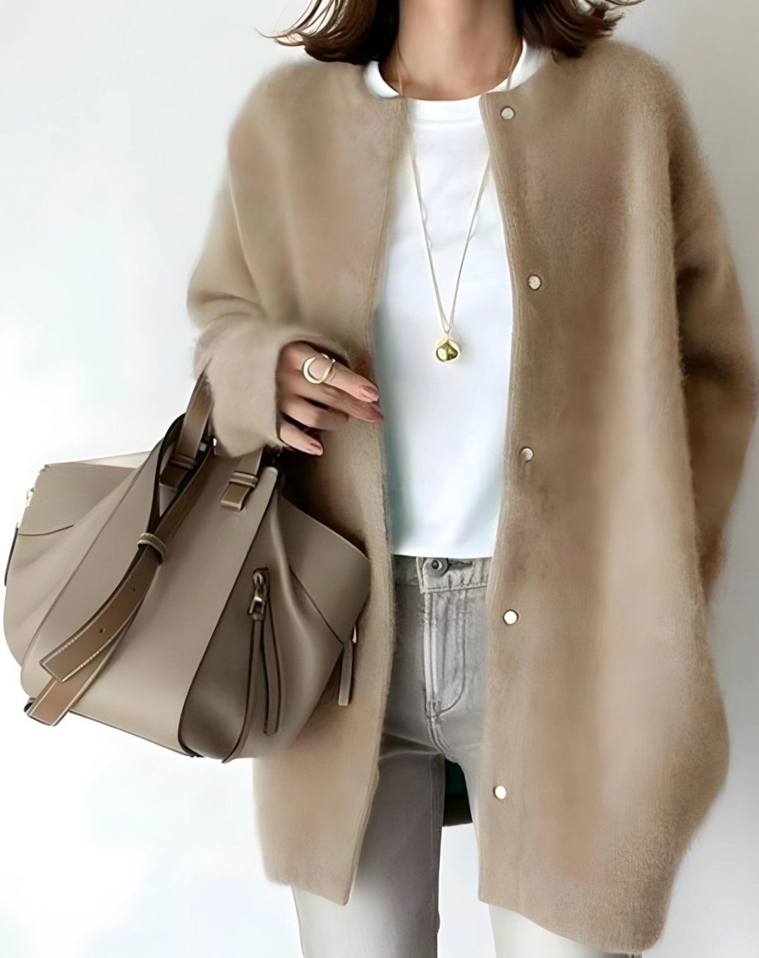 Women's Hip-Length Snap Front Relaxed Knit Layering Cardigan - Beige