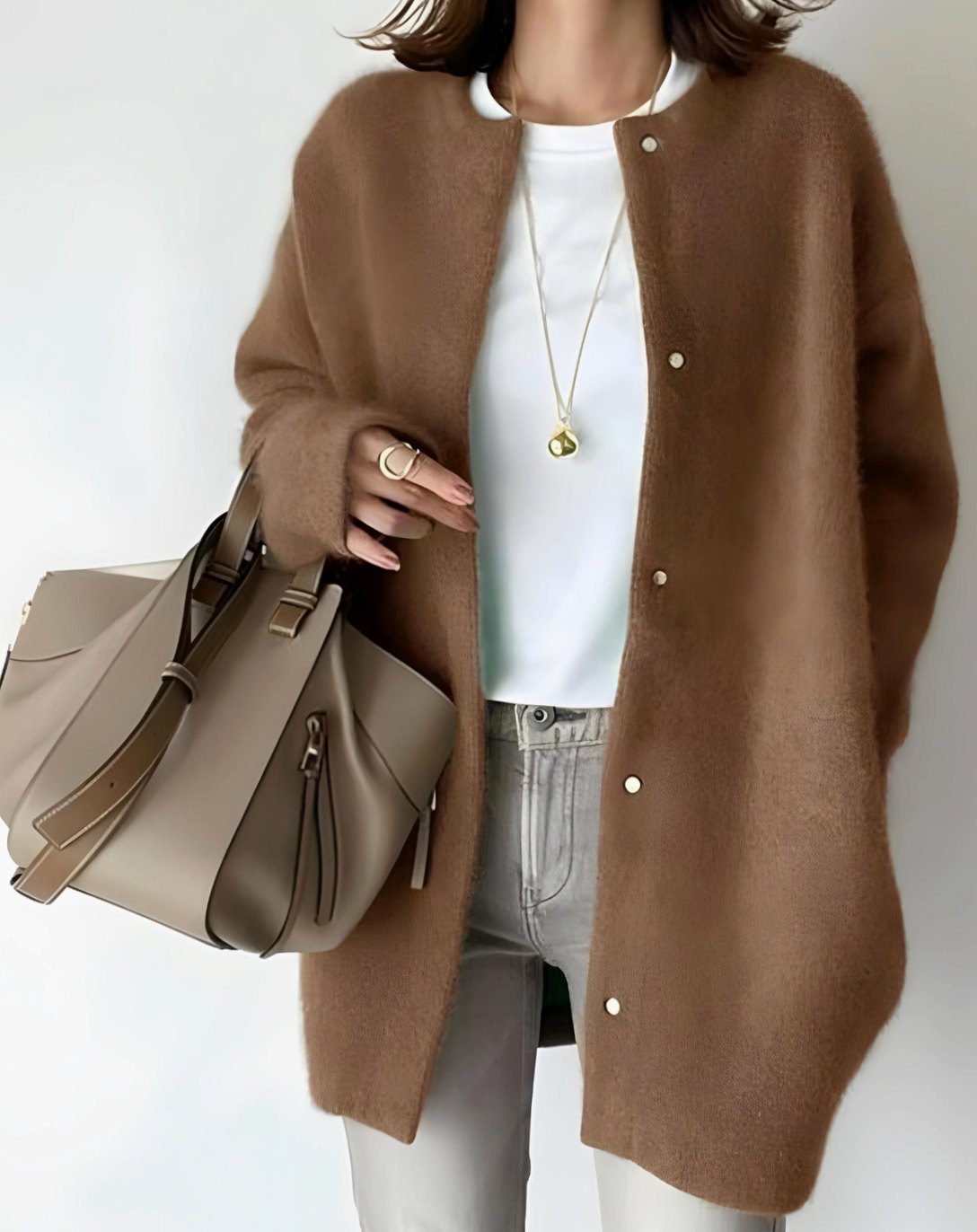 Women's Hip-Length Snap Front Relaxed Knit Layering Cardigan - Brown