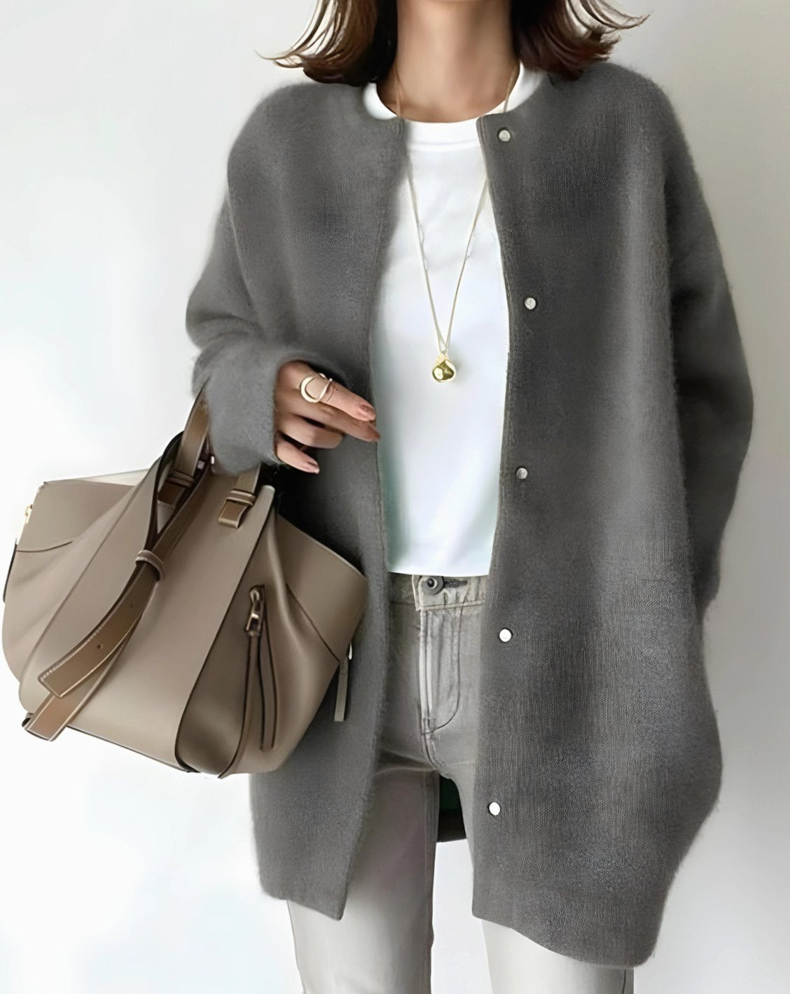 Women's Hip-Length Snap Front Relaxed Knit Layering Cardigan - Gray