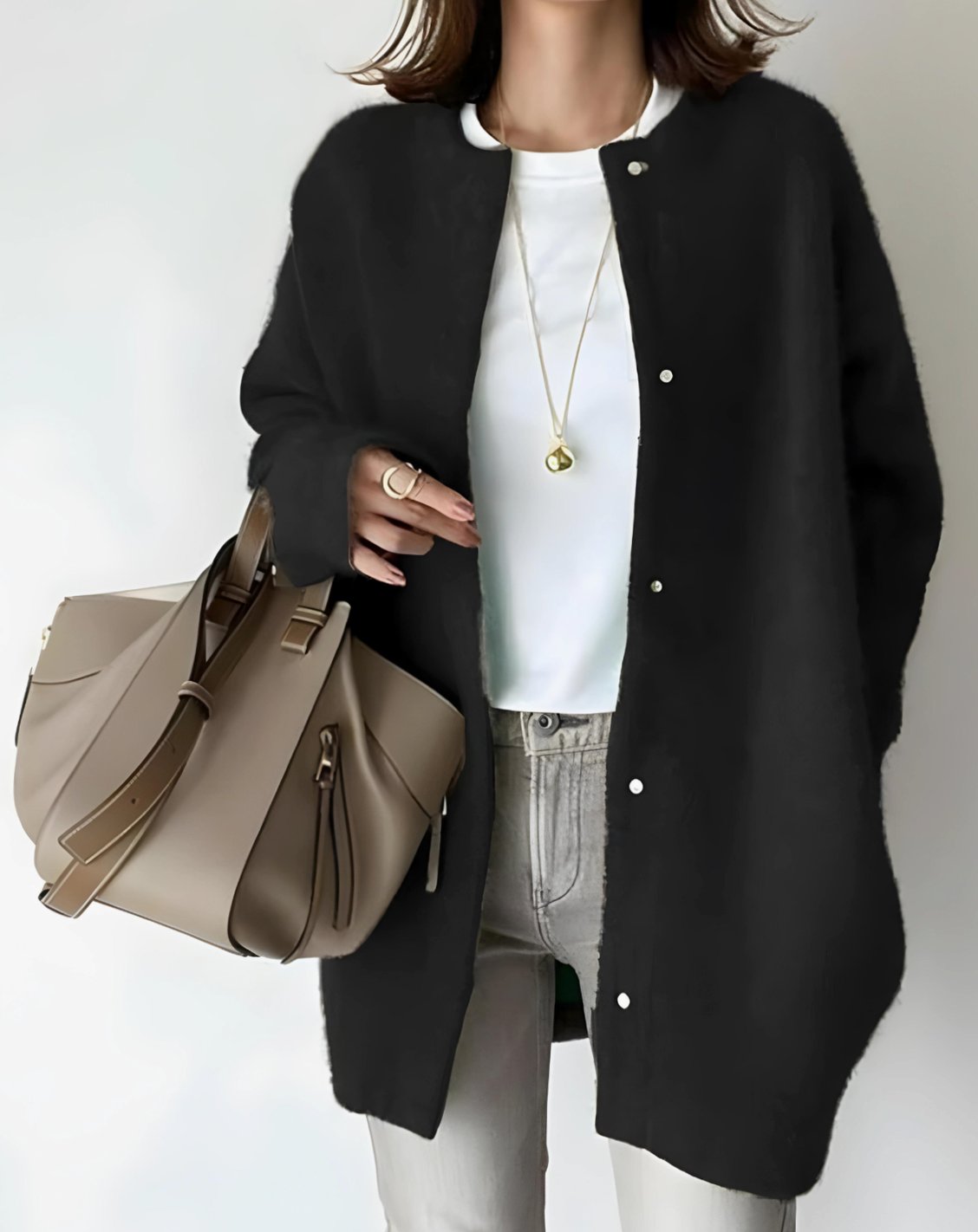 Women's Hip-Length Snap Front Relaxed Knit Layering Cardigan - Black
