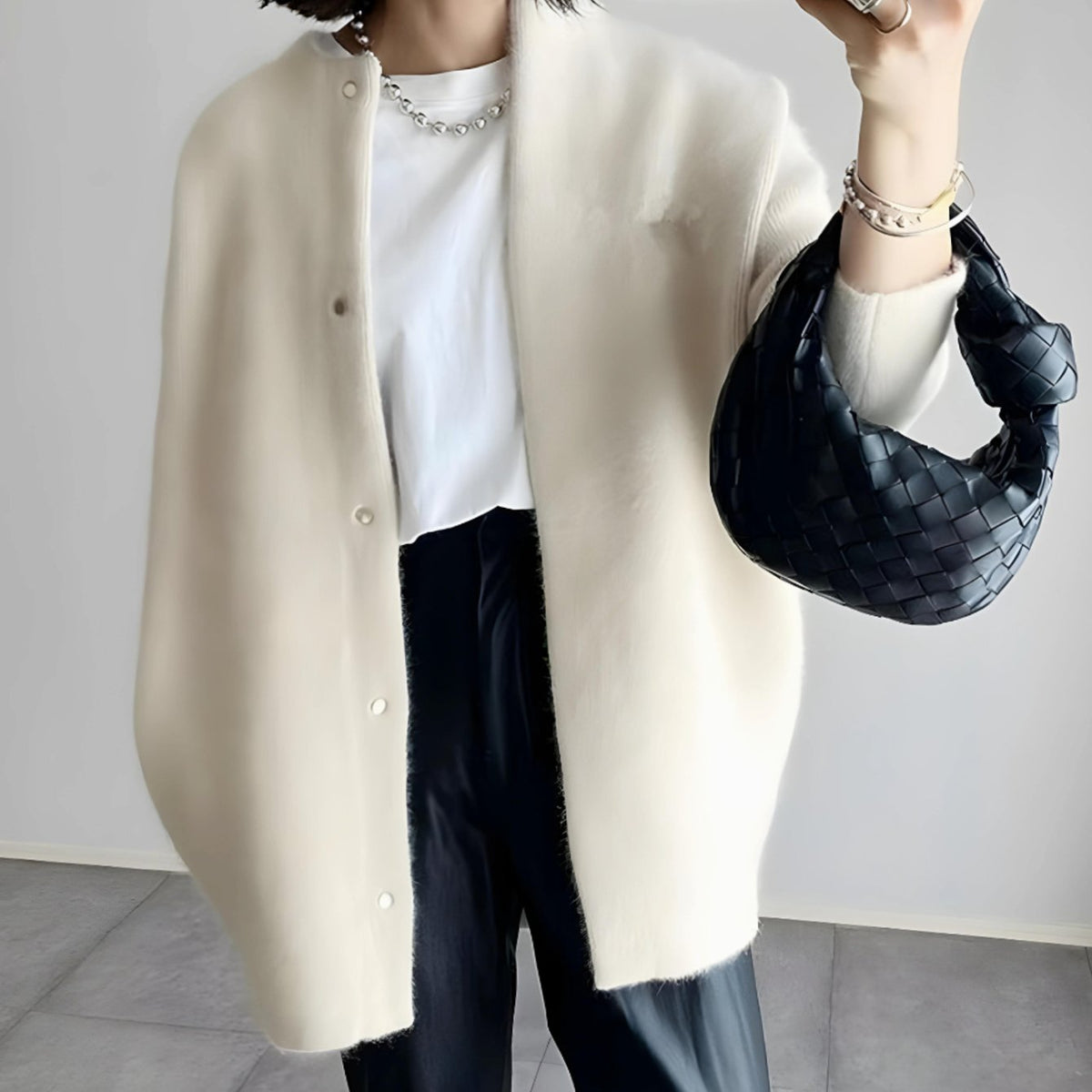 Women's Hip-Length Snap Front Relaxed Knit Layering Cardigan - White