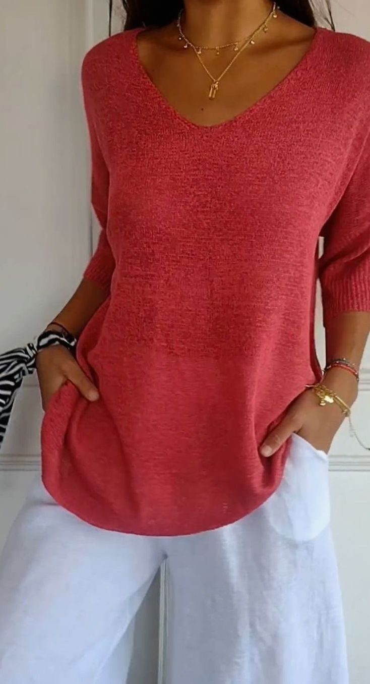 Women's Longline Loose Fit V-Neck Knit Tunic Top