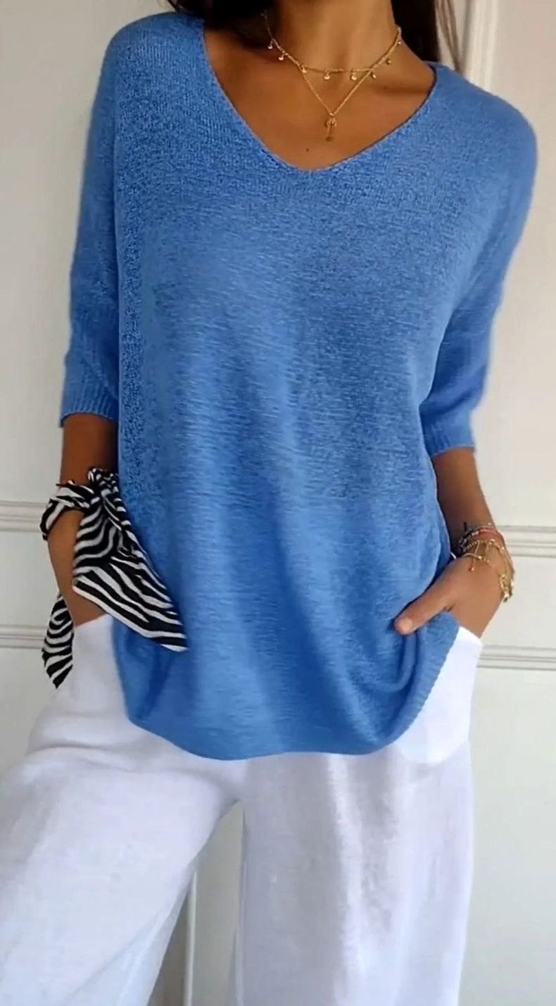 Women's Longline Loose Fit V-Neck Knit Tunic Top