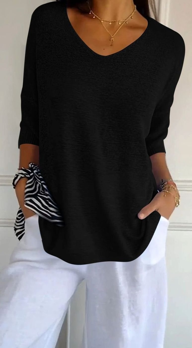 Women's Longline Loose Fit V-Neck Knit Tunic Top