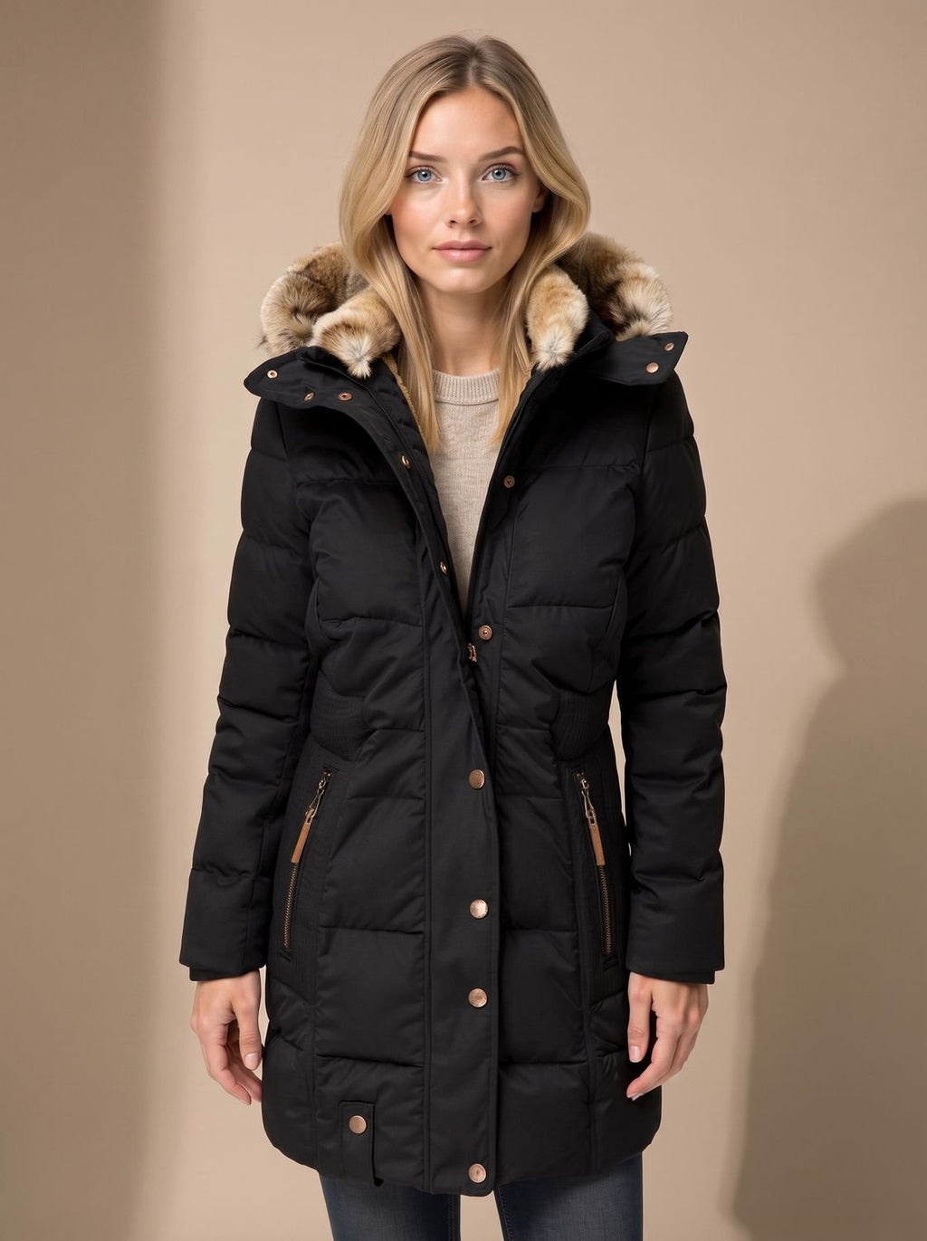 Women's Longline Quilted Puffer Coat Faux Fur Hooded