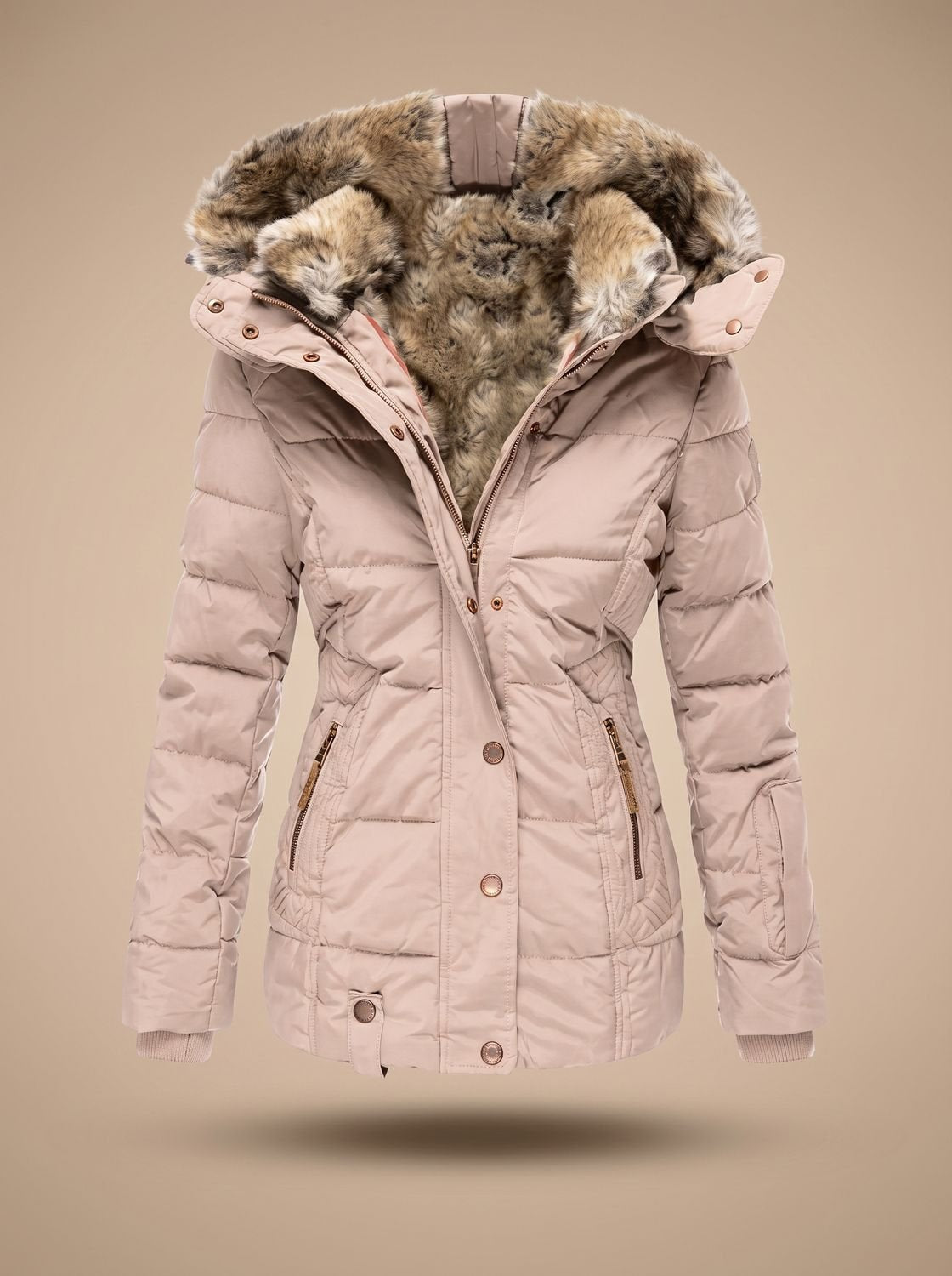 Women's Longline Quilted Puffer Coat Faux Fur Hooded