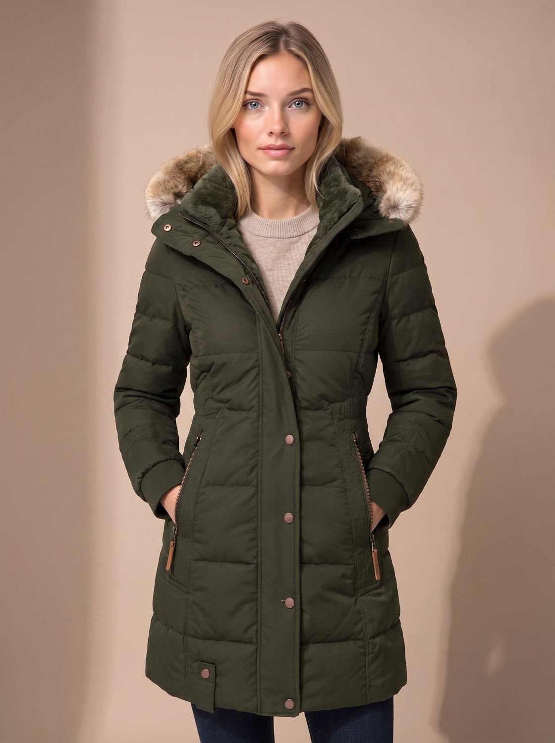 Women's Longline Quilted Puffer Coat Faux Fur Hooded