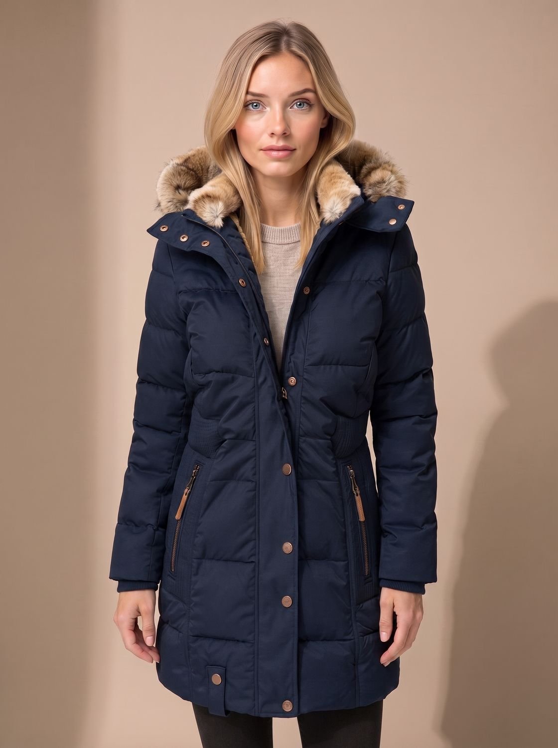 Women's Longline Quilted Puffer Coat Faux Fur Hooded