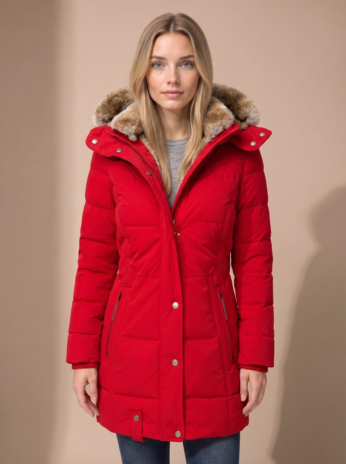 Women's Longline Quilted Puffer Coat Faux Fur Hooded
