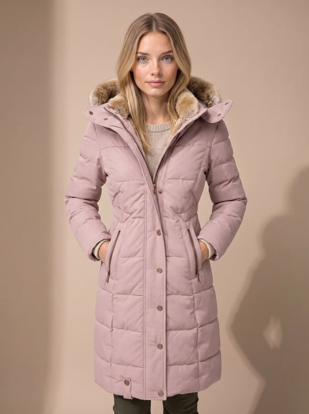 Women's Longline Quilted Puffer Coat Faux Fur Hooded