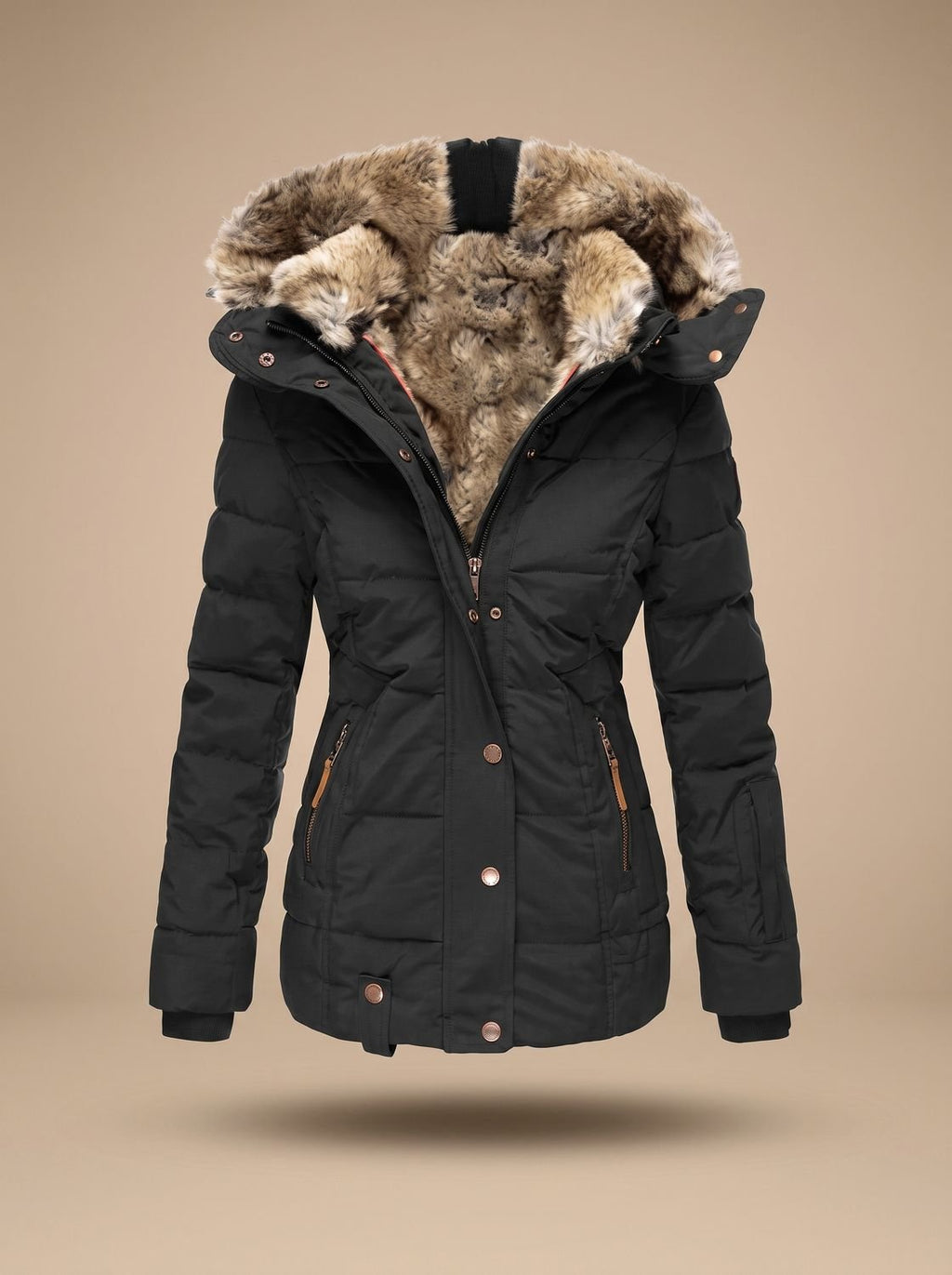 Women's Longline Quilted Puffer Coat Faux Fur Hooded