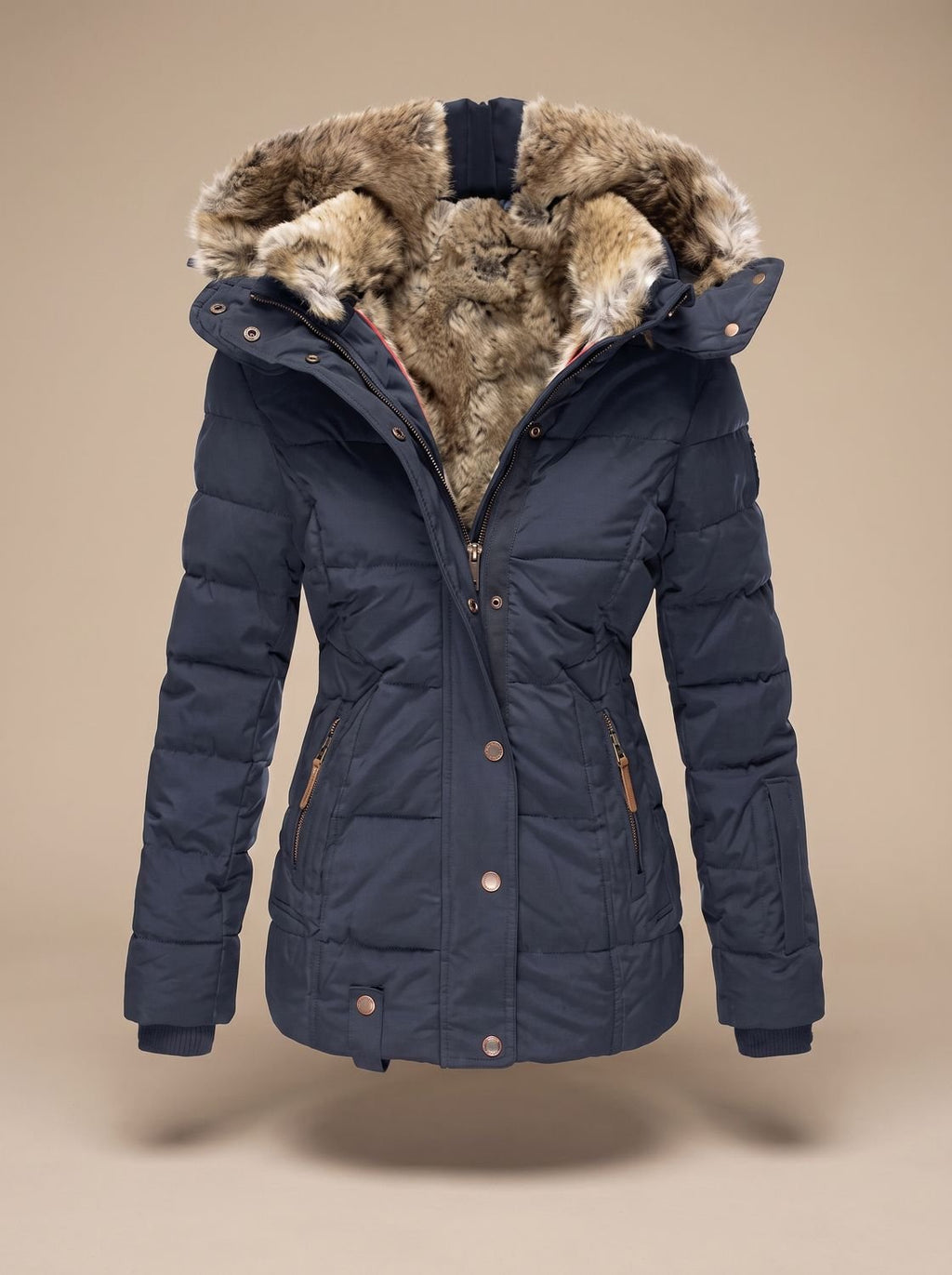 Women's Longline Quilted Puffer Coat Faux Fur Hooded