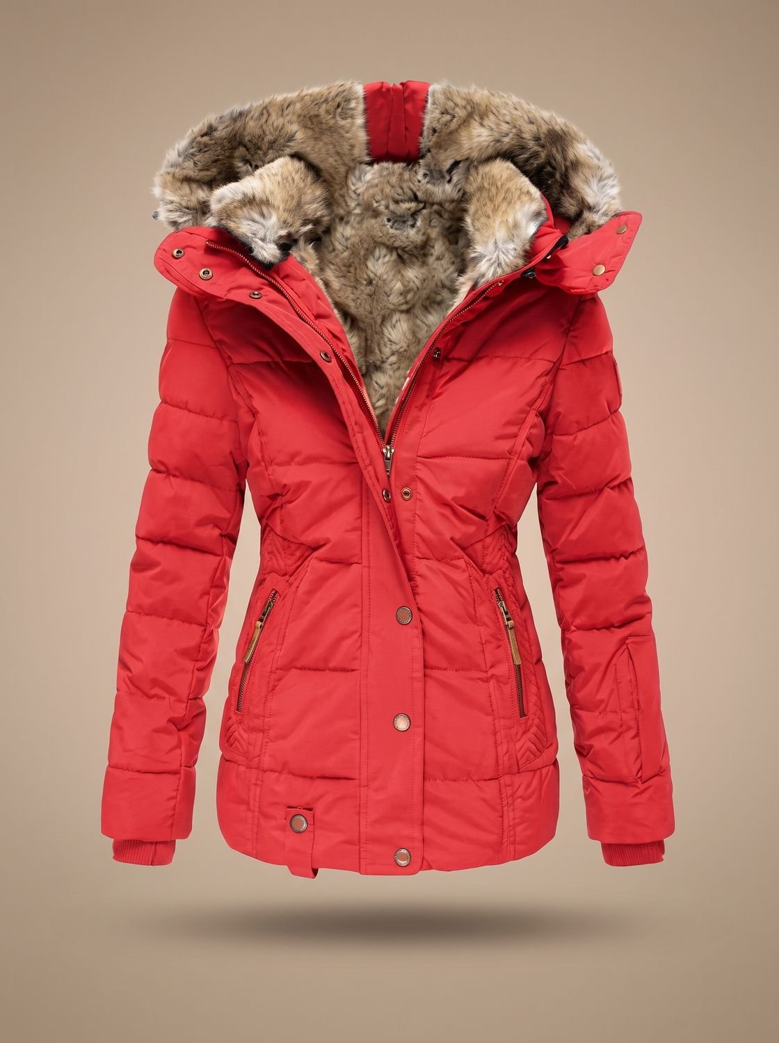 Women's Longline Quilted Puffer Coat Faux Fur Hooded