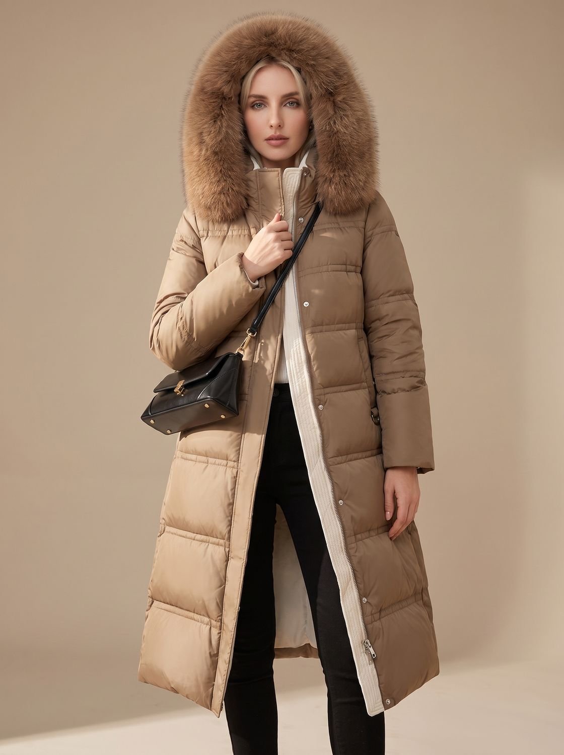 Women's Longline Water-Resistant Puffer Parka with Plush Hood - Brown