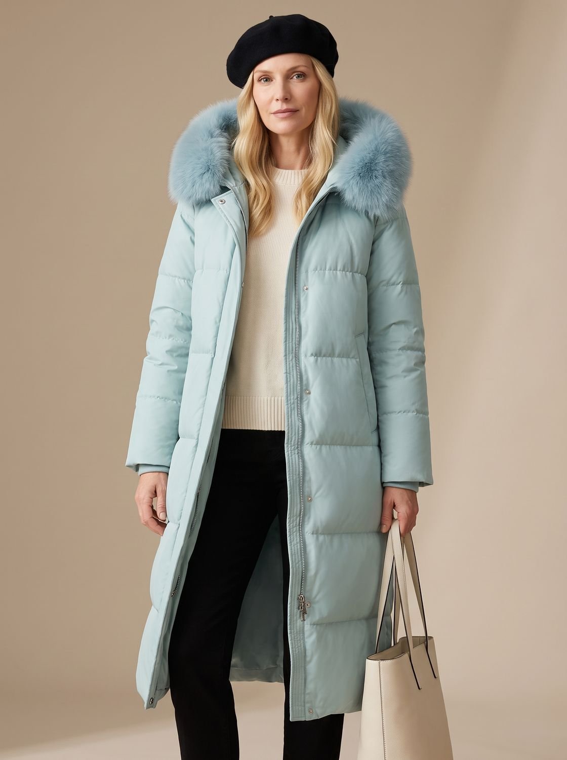 Women's Longline Water-Resistant Puffer Parka with Plush Hood - Blue