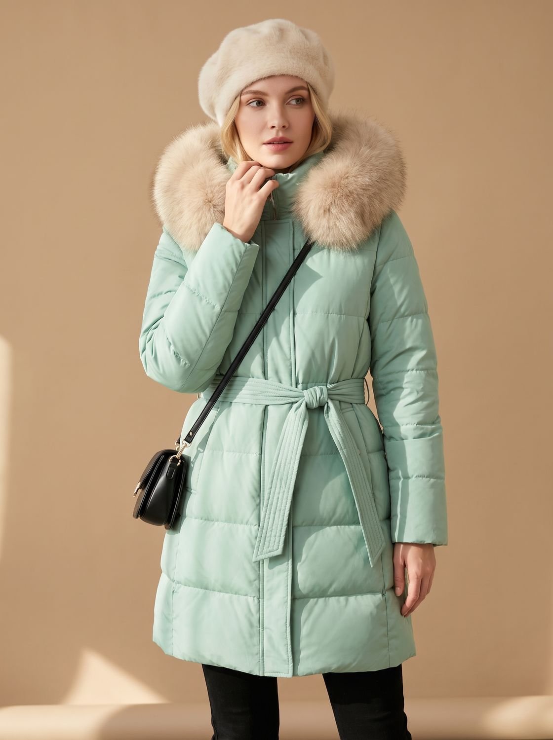 Women's Longline Water-Resistant Puffer Parka with Plush Hood - Blue And White