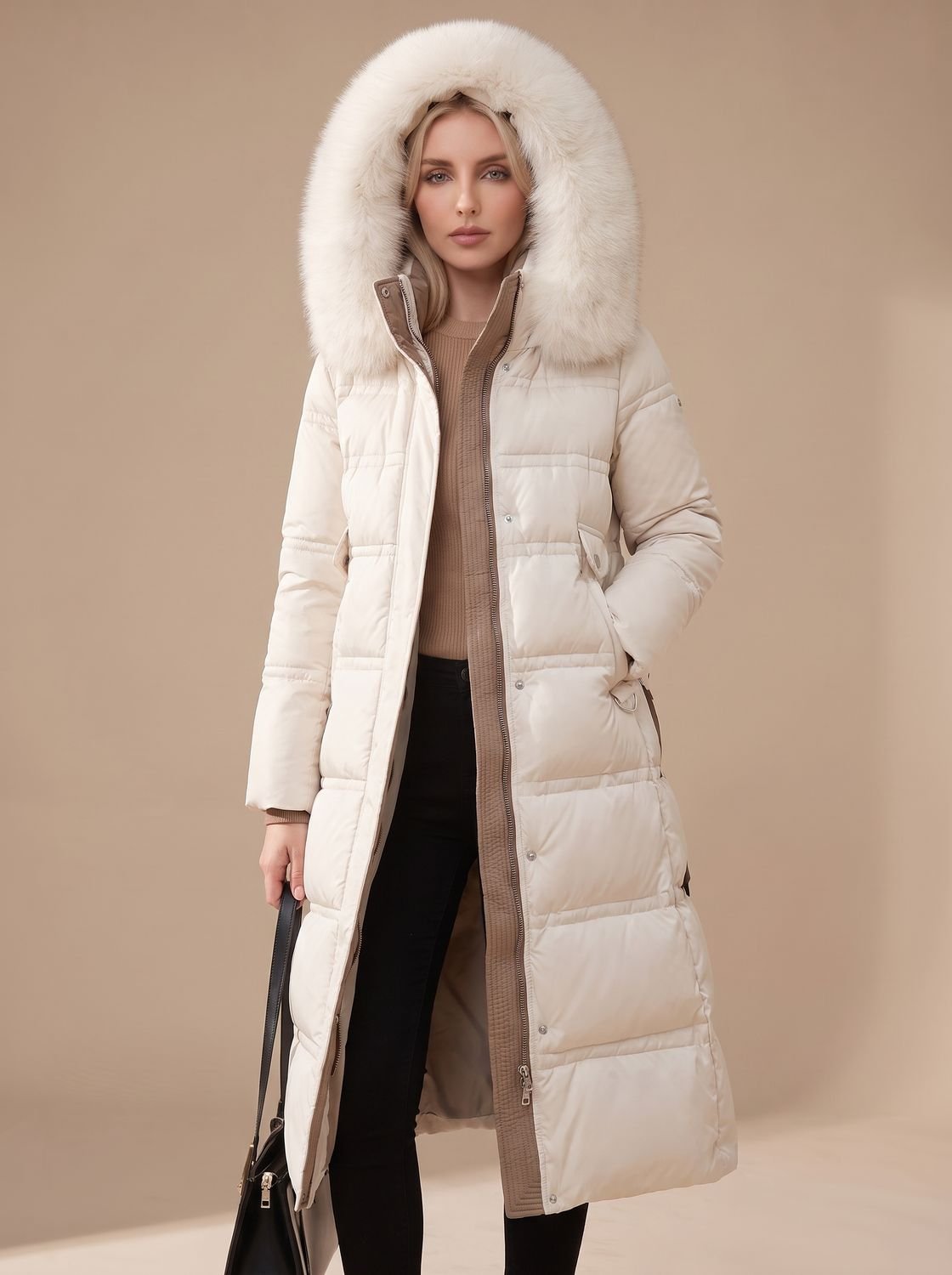 Women's Longline Water-Resistant Puffer Parka with Plush Hood - White