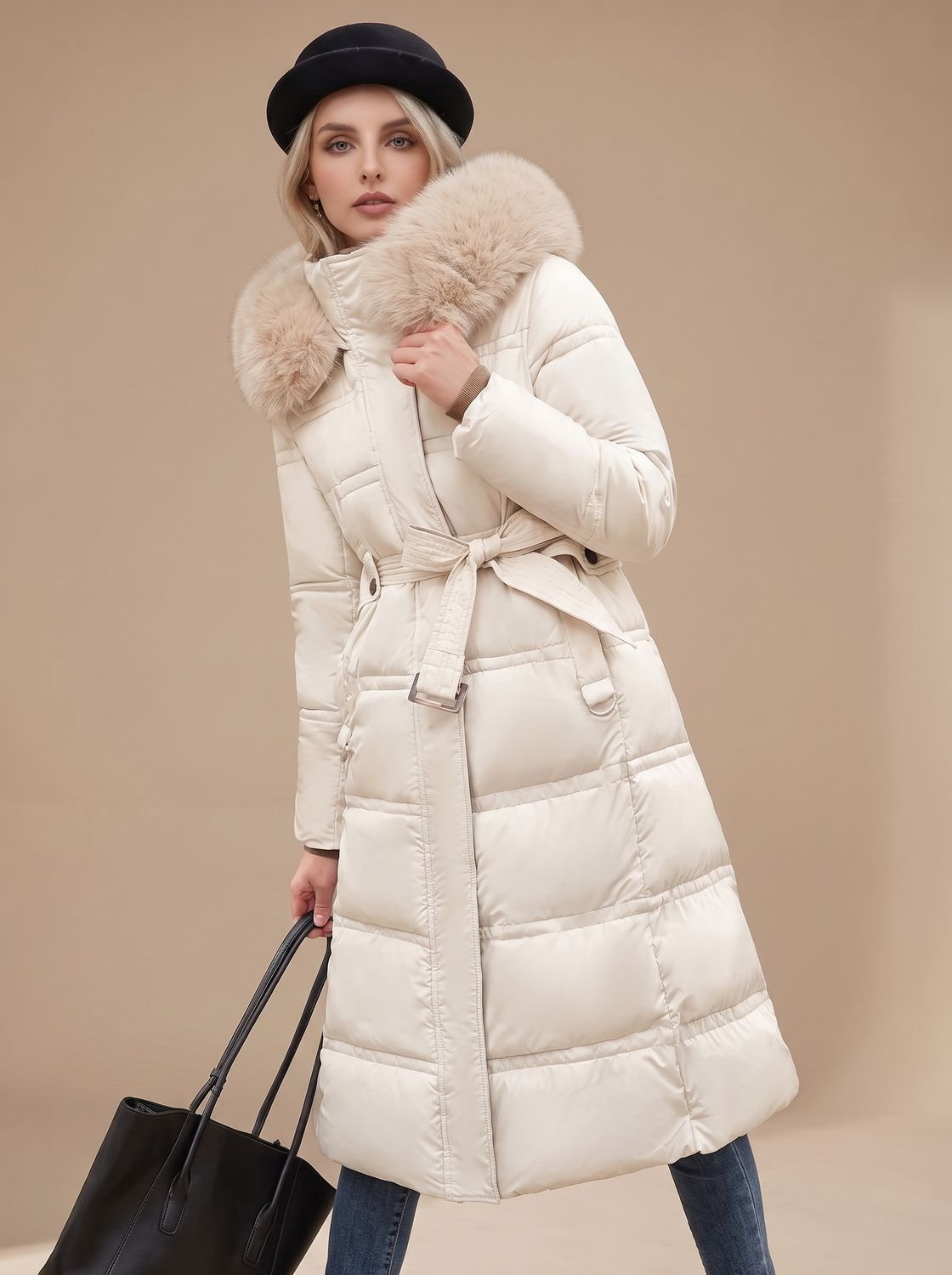 Women's Longline Water-Resistant Puffer Parka with Plush Hood - White And Beige