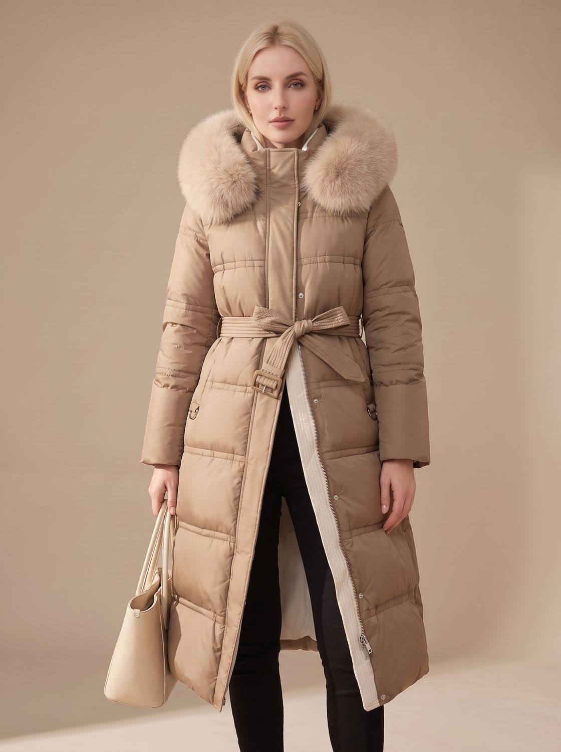 Women's Longline Water-Resistant Puffer Parka with Plush Hood - Brown And Beige