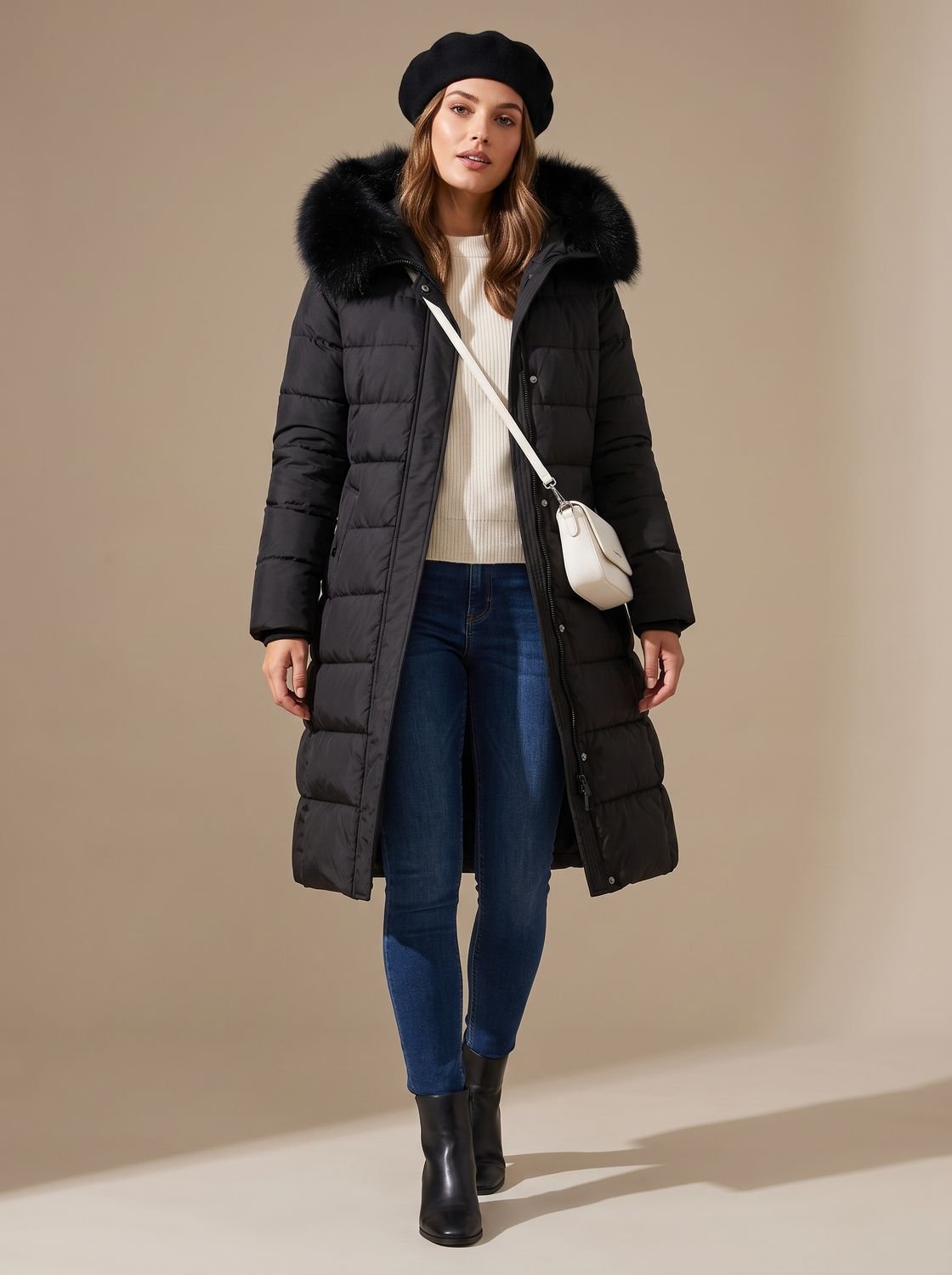 Women's Longline Water-Resistant Puffer Parka with Plush Hood - Black