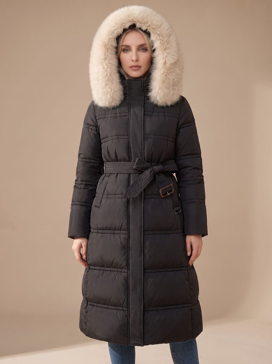 Women's Longline Water-Resistant Puffer Parka with Plush Hood - Black And White