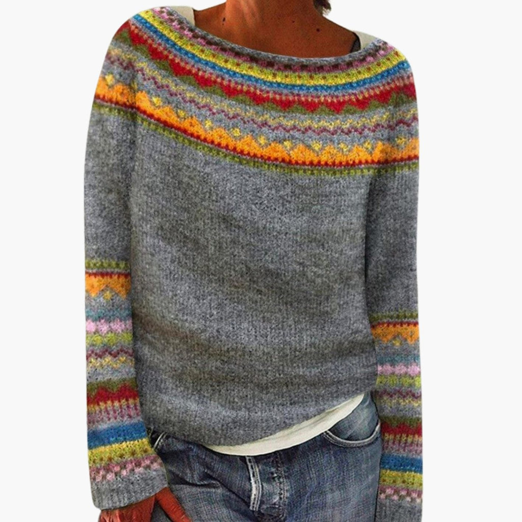 Women's Merino Knit Pullover with Colorful Yoke and Cuffs