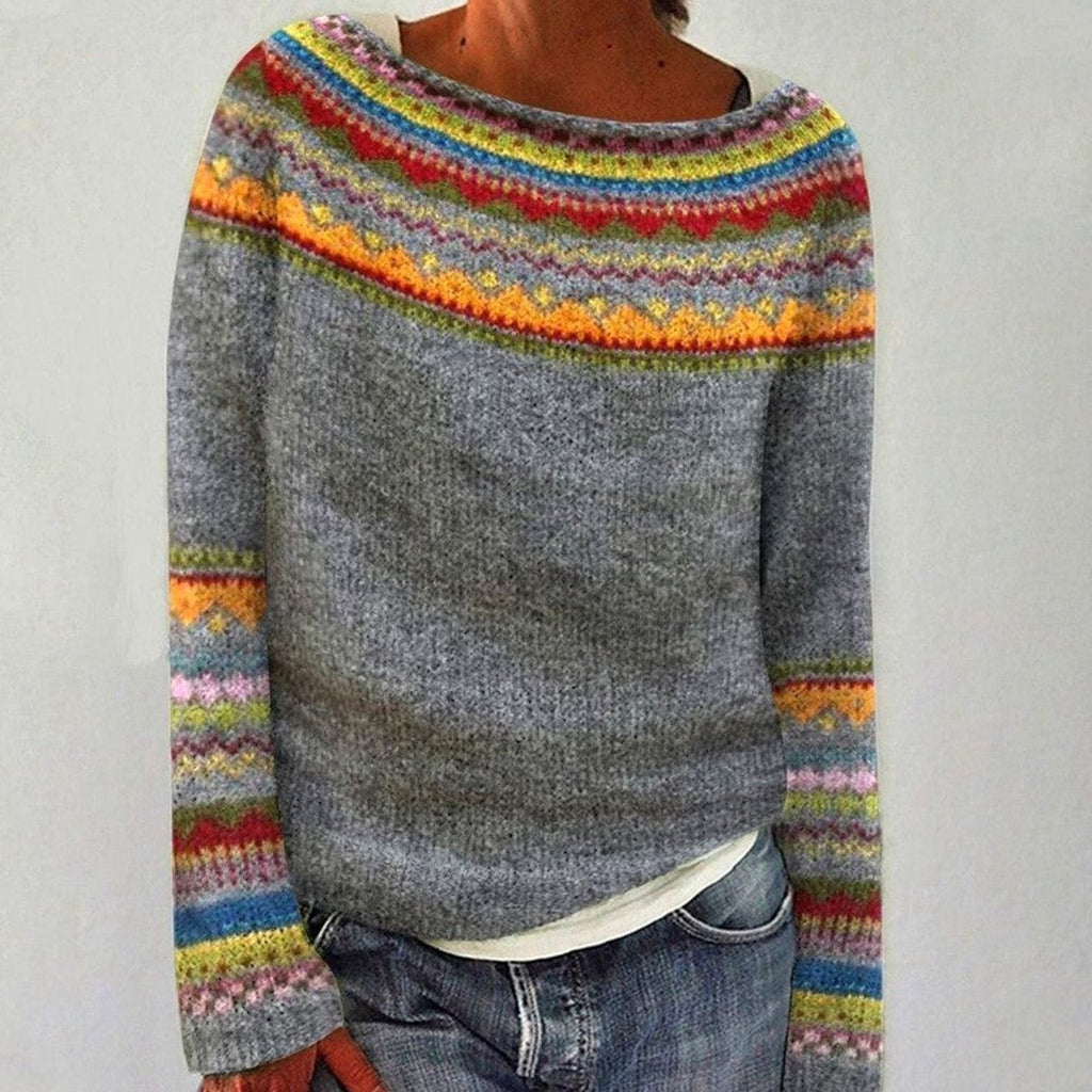 Women's Merino Knit Pullover with Colorful Yoke and Cuffs - Gray