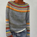Women's Merino Knit Pullover with Colorful Yoke and Cuffs - Gray