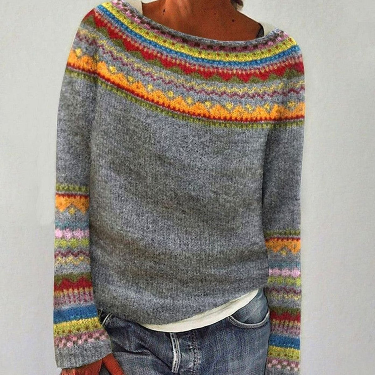 Women's Merino Knit Pullover with Colorful Yoke and Cuffs