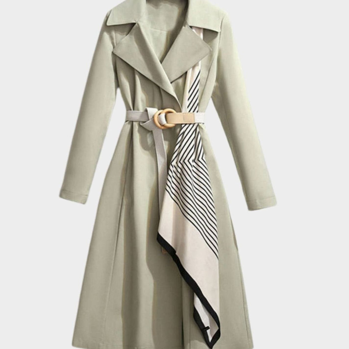 Women's Knee-Grazing Trench Coat with Notched Lapels - Green