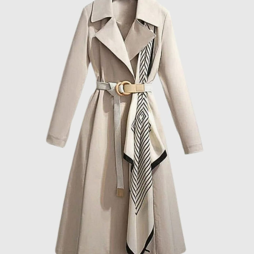 Women's Knee-Grazing Trench Coat with Notched Lapels - Beige