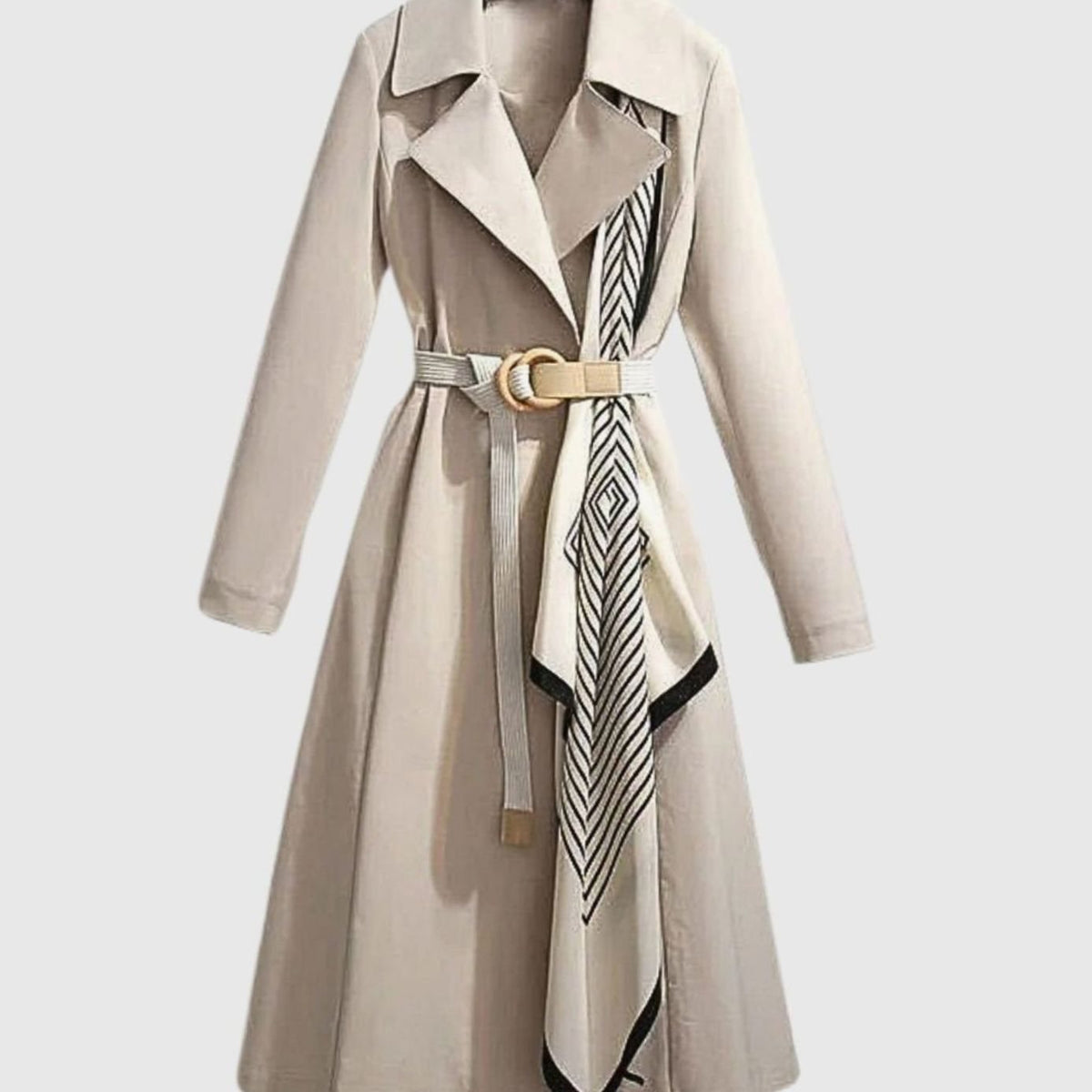 Women's Knee-Grazing Trench Coat with Notched Lapels - Beige
