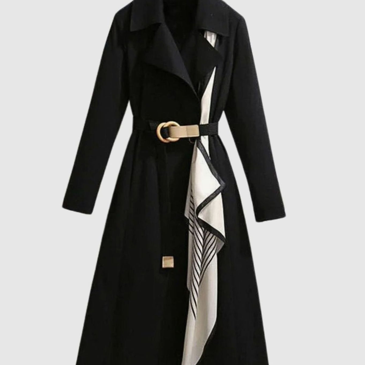 Women's Knee-Grazing Trench Coat with Notched Lapels - Black