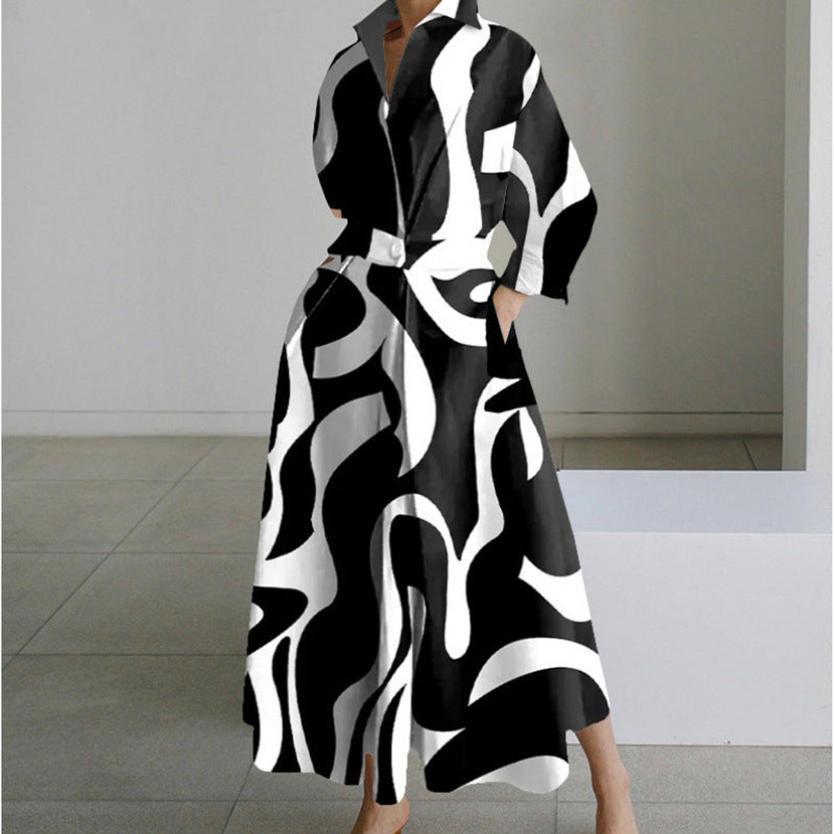 Women's Newspaper Print Collared Wrap Maxi Dress