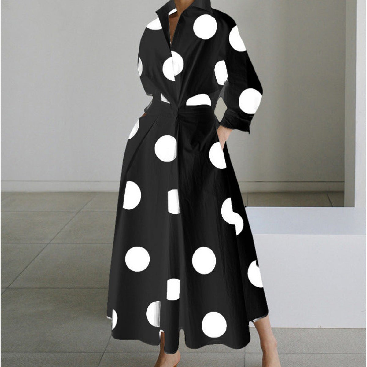 Women's Newspaper Print Collared Wrap Maxi Dress