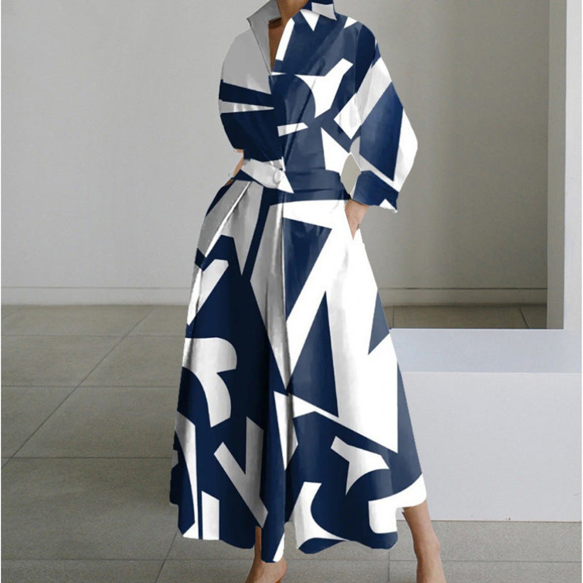 Women's Newspaper Print Collared Wrap Maxi Dress