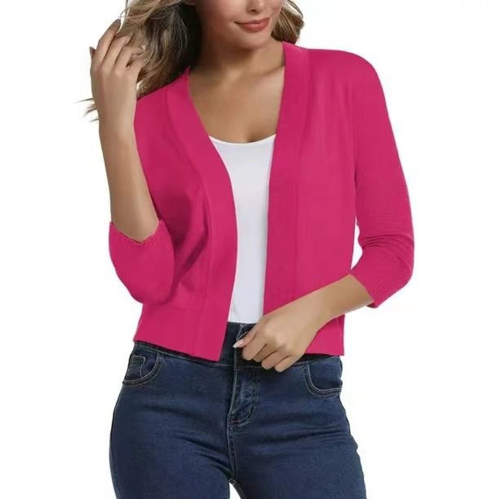 Women's Open-Front 3/4 Sleeve Cropped Cardigan