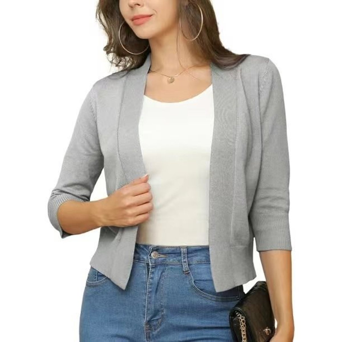 Women's Open-Front 3/4 Sleeve Cropped Cardigan
