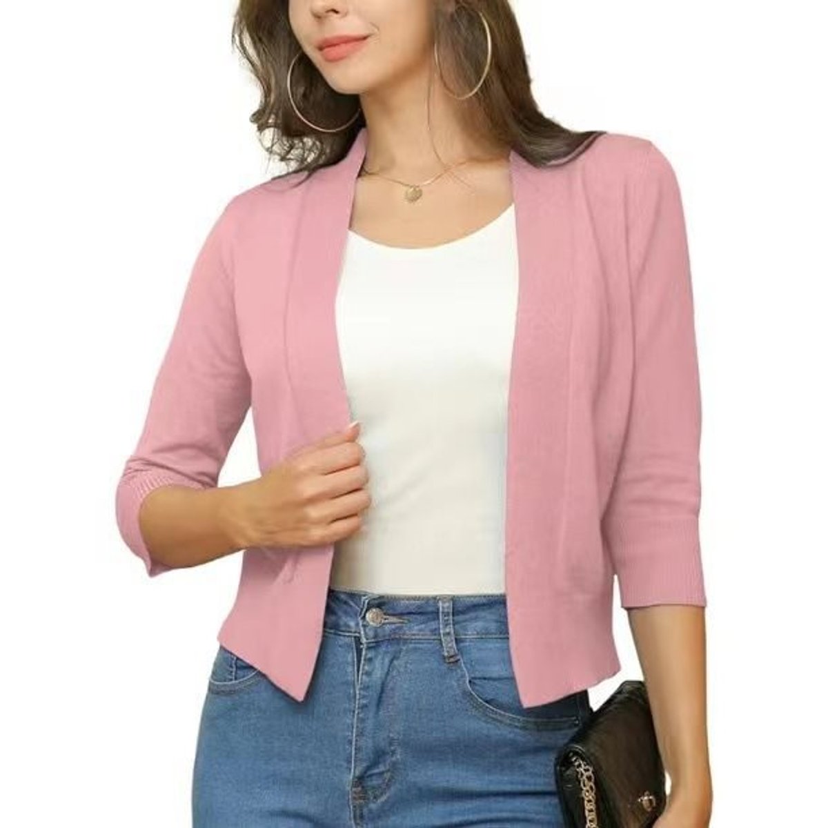 Women's Open-Front 3/4 Sleeve Cropped Cardigan