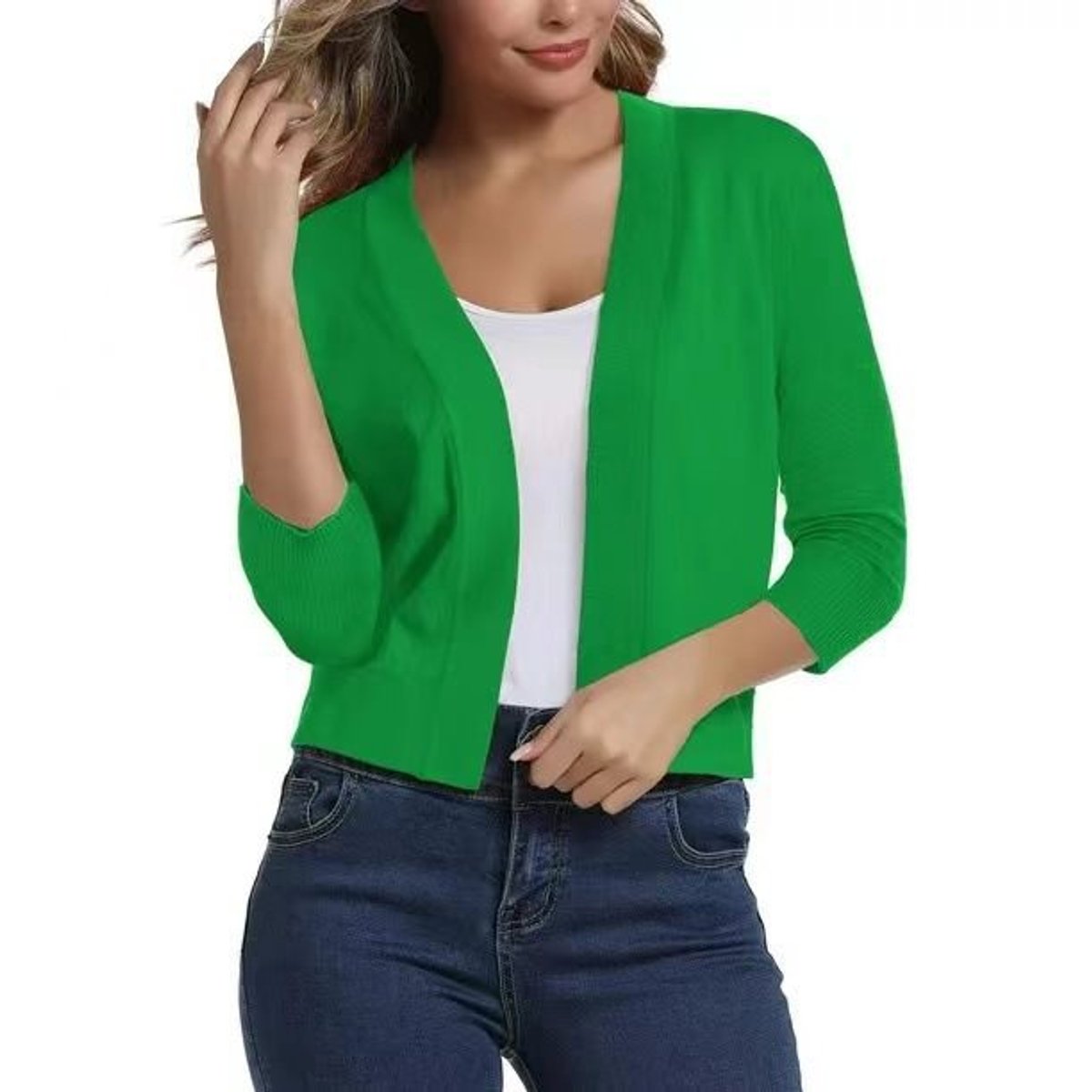 Women's Open-Front 3/4 Sleeve Cropped Cardigan