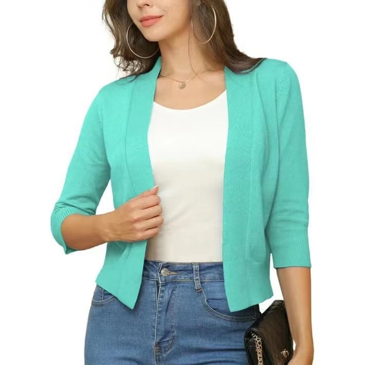 Women's Open-Front 3/4 Sleeve Cropped Cardigan