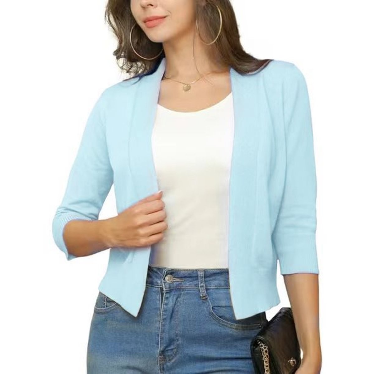 Women's Open-Front 3/4 Sleeve Cropped Cardigan