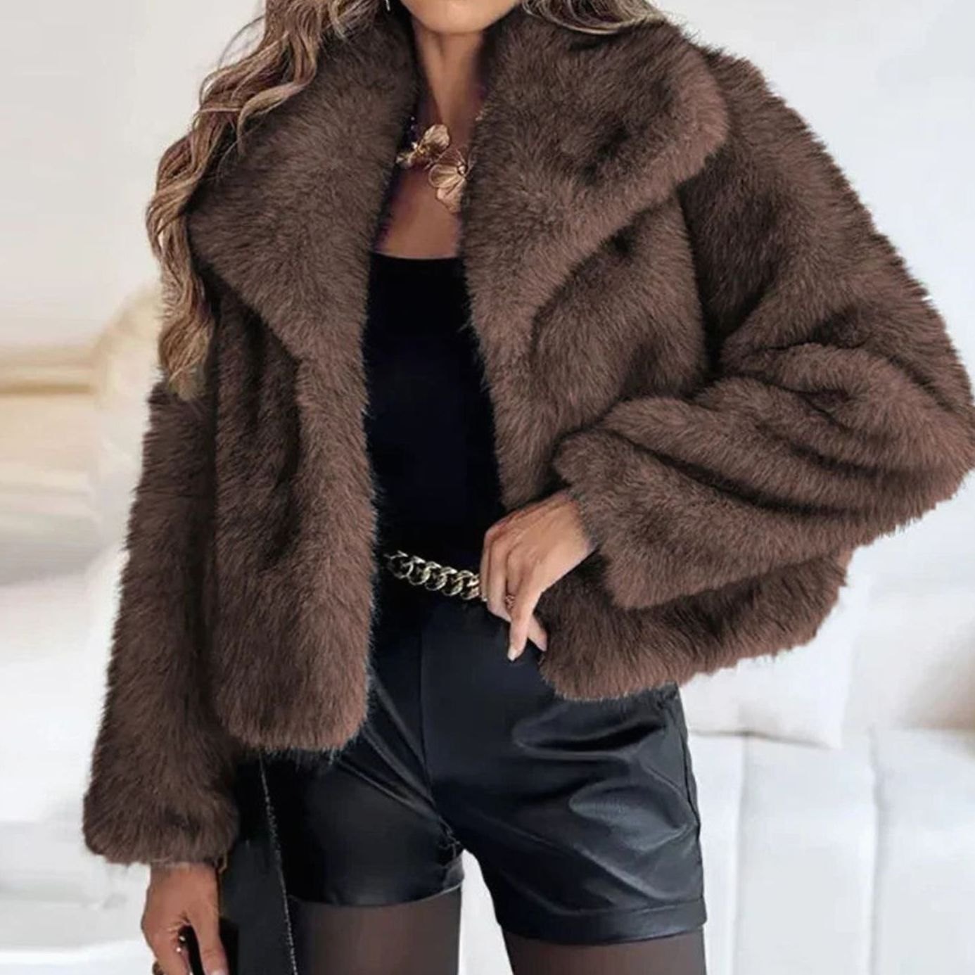 Women's Open-Front Cropped Faux Fur Winter Jacket