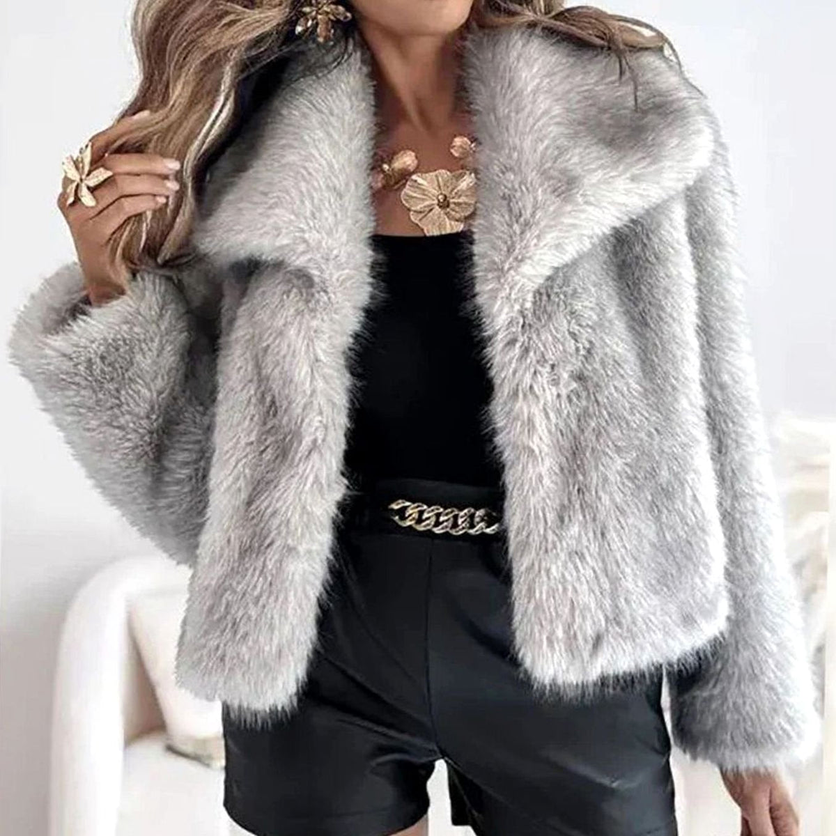 Women's Open-Front Cropped Faux Fur Winter Jacket