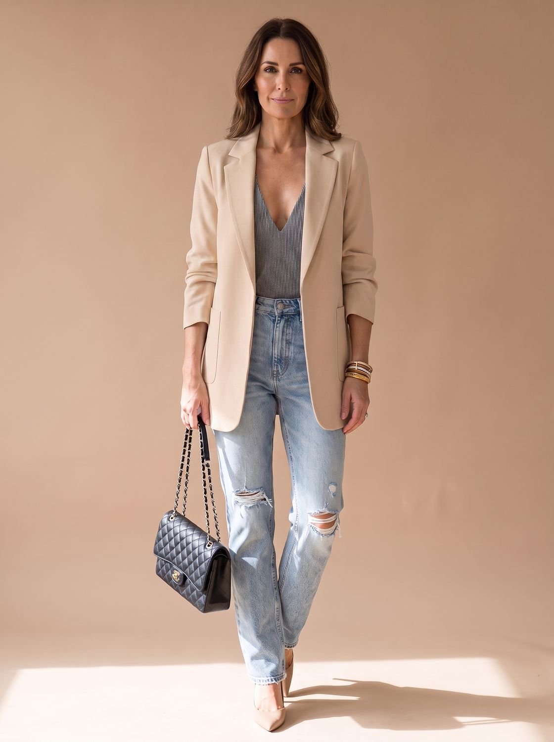 Women's Open-Front Lapel Mid-Length Casual Smart Blazer