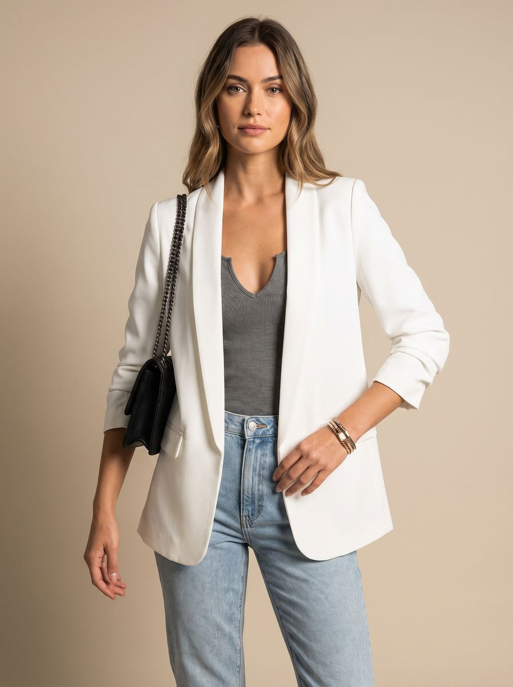 Women's Open-Front Lapel Mid-Length Casual Smart Blazer