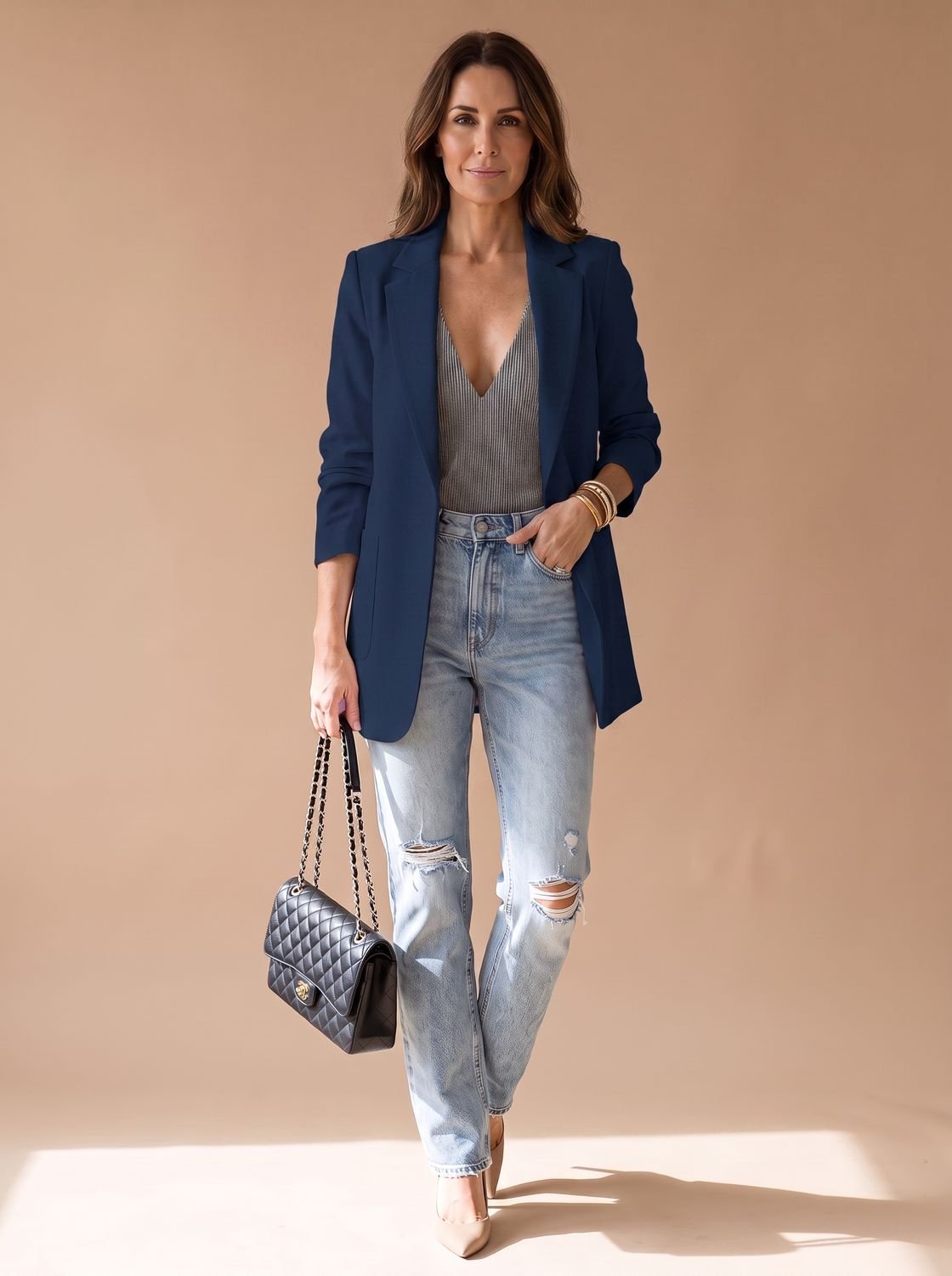 Women's Open-Front Lapel Mid-Length Casual Smart Blazer